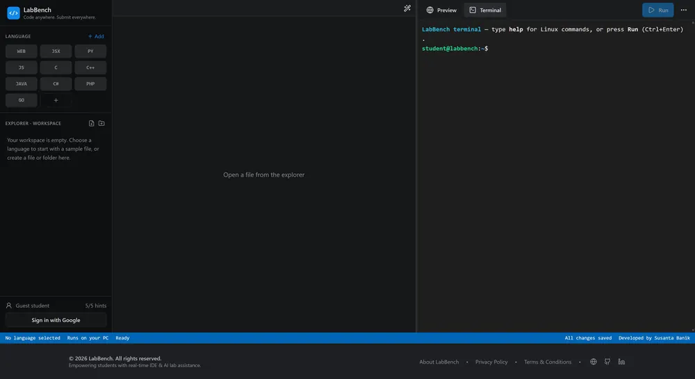 LabBench workspace with file explorer, editor and terminal